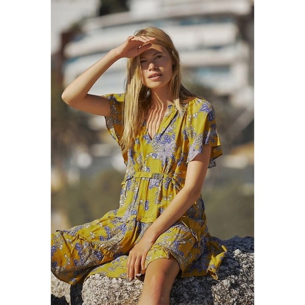 By Anthropologie Robin Tiered Mini Dress Small Yellow Floral Paisley Boho‎ Flowy